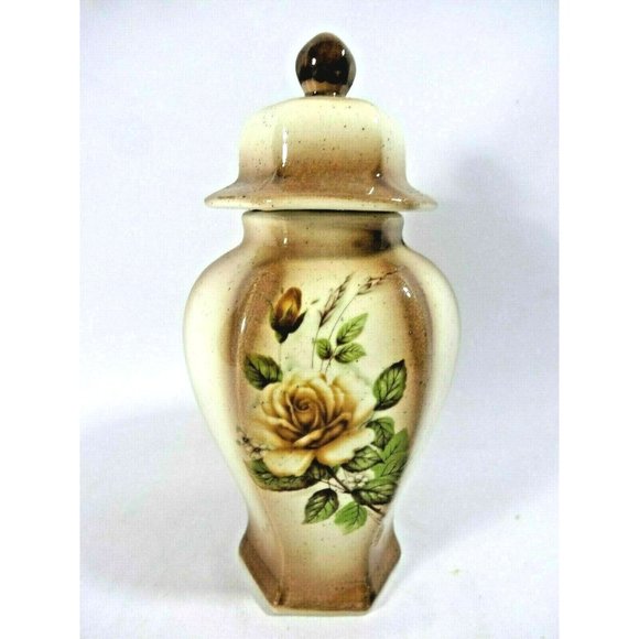 Vintage Mount St. Helens Ash Glazed Floral Jar Lid Brown Tan Green Collectible - Picture 1 of 3